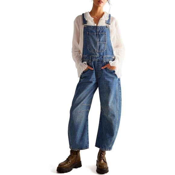 NEW Qazel Vorrlon Denim Overalls Barrel Wide Leg size M Blue - Picture 2 of 11